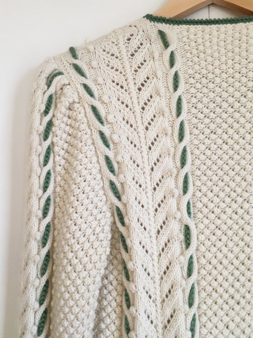 Vintage Hand-Knit Peplum Cardigan Sweater S Cream Sage Green Cable Whimsigoth - Picture 8 of 16